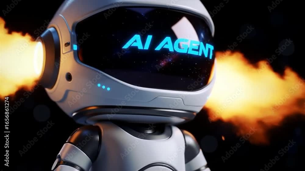 Poster futuristic ai agent concept featuring animated robot with glowing space scene