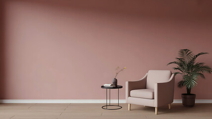 Cozy and elegant living room corner with a plush armchair small side table and a potted plant against a muted rose wall