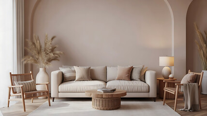Cozy living room interior with a comfortable sofa accent chairs and warm natural light creating a serene atmosphere
