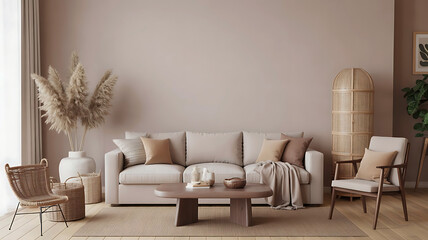 Cozy living room with plush sofa textured rug and natural decor creating a warm and inviting atmosphere