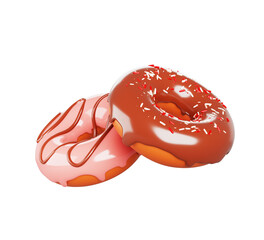 3d donut food render icon set. Flying doughnut with chocolate and pink icing. Birthday sweet cake dessert with melt cream drip, sprinkle and stripe glaze. Isolated bakery circle snack