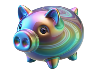 Holographic piggy bank illustration financial savings and investment concept rainbow color pig money box future financial planning 3d rendering plastic style icon on transparent background