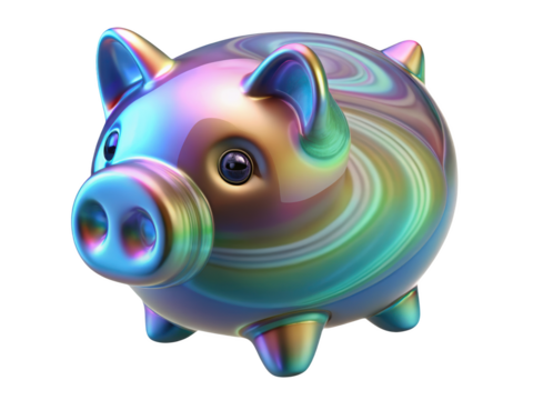 Holographic piggy bank illustration financial savings and investment concept rainbow color pig money box future financial planning 3d rendering plastic style icon on transparent background