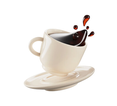 3d white cup with saucer and splash of coffee flying in air. Falling mug with espresso or americano. Spill drink with liquid wave and drop, stream caffeine beverage for cafe shop menu