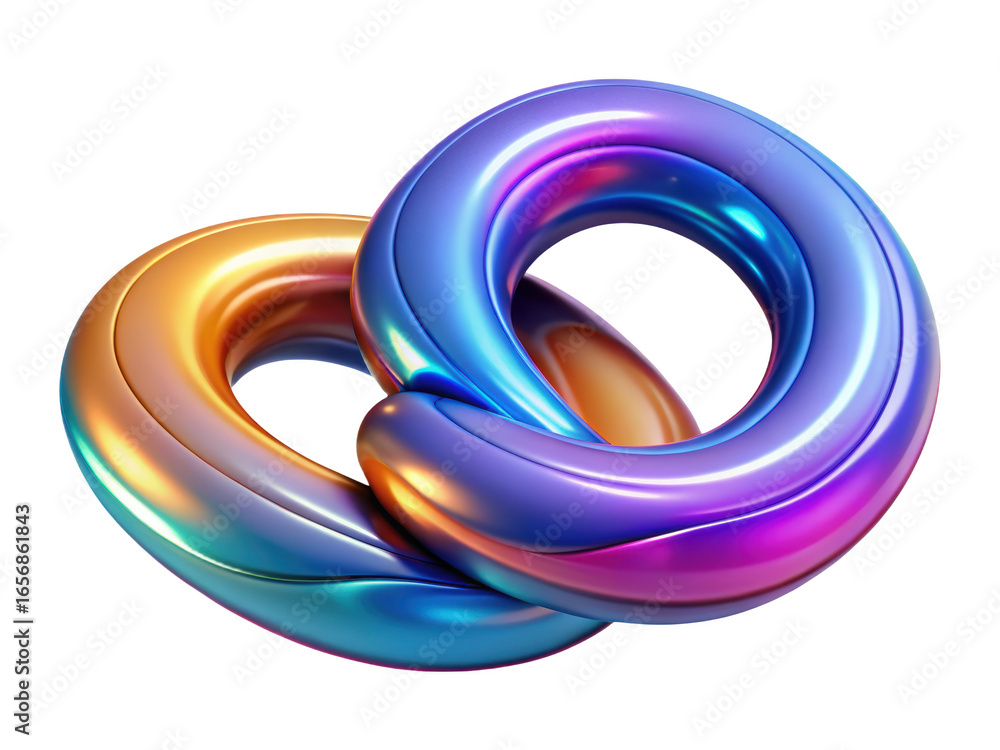 Poster interlocking rings abstract design with vibrant gradient colors 3d rendering plastic style icon on t