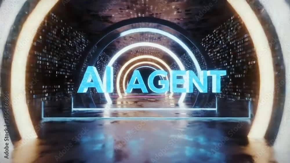Poster futuristic ai agent title sequence with neon lights and digital tunnel background