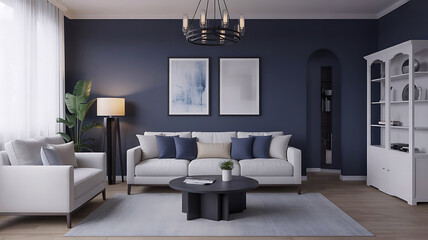 Elegant modern living room with comfortable sofa stylish coffee table and decorative wall art