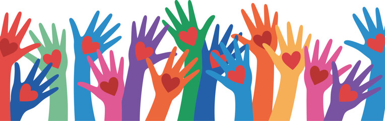 Illustration of diverse hands reaching up with hearts, symbolizing unity and support on a white background