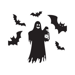 Fototapeta premium A spooky Halloween ghost holding a lantern in black silhouette, surrounded by bats on a white background. 