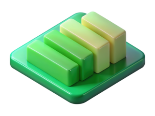 Isometric green bar chart financial performance visualization modern data analysis growth illustration 3d rendering plastic style icon on transparent background