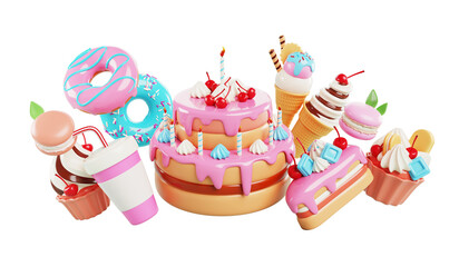 3d happy birthday cake banner. Girl celebration card with flying pink desserts - sweet cupcake, doughnut, macaroon, ice cream, drink on blue background for anniversary party render