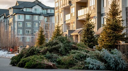 Discarded evergreen trees form a large pile in an urban neighborhood as residents clear out decorations after the festive season.