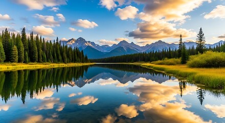 Serene mountain lake reflection under a dramatic cloudy sky