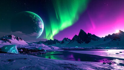 A vibrant, otherworldly landscape portrays a distant planet,  surrounded by a breathtaking aurora borealis display over a snowy mountain range.
