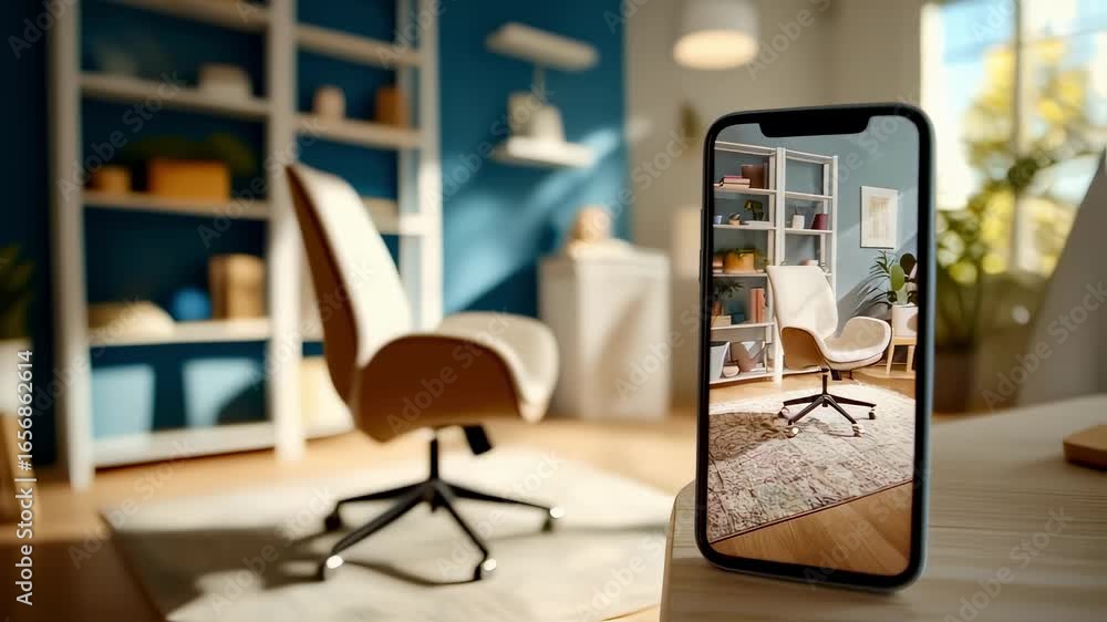 Poster modern smartphone showcasing an augmented reality app, placing virtual furniture within a room desig