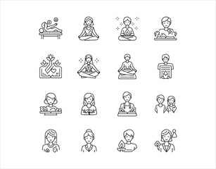 Line icons related to wellness. Includes icons for relaxation, spirituality, meditation, healthy living, and personal development. Stroke is editable