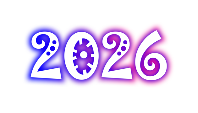 Happy New Year 2026 colorful text graphic. A modern illustration with a retro feel, the numbers 2026 with a vibrant gradient texture. A bold greeting element isolated on a transparent background. PNG