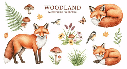 Woodland fox watercolor collection with forest animals, birds, mushrooms and flowers
