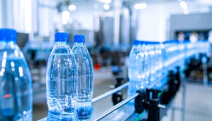 Plastic water bottles move along a conveyor belt in a modern bottling facility.