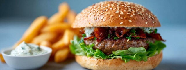 Delicious burger with sesame seed bun and crispy fries served on a plate