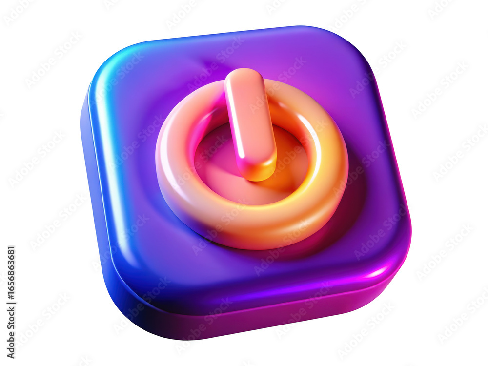 Poster power button symbol in pink and orange tones on purple square background3d rendering plastic style i