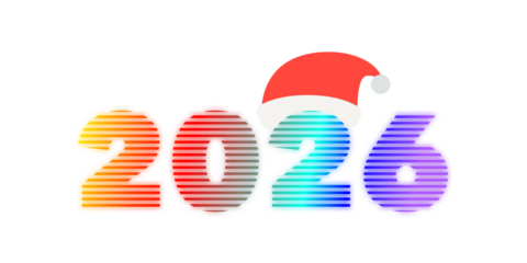 Happy New Year 2026 colorful text graphic. A modern illustration with a retro feel, the numbers 2026 with a vibrant gradient texture. A bold greeting element isolated on a transparent background. PNG