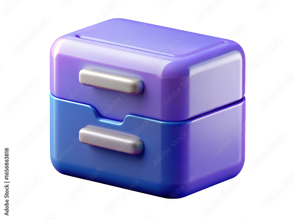 Poster purple and blue two drawer storage unit glossy stylish file cabinet 3d rendering plastic style icon 