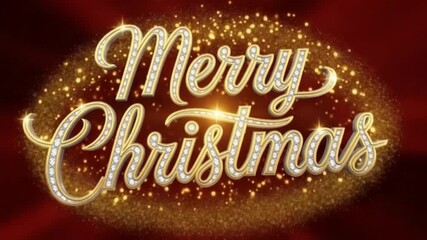Ornate Golden Merry Christmas Text with Diamond Accents and Glittering Swirl on Red Background holiday 4K video - Powered by Adobe