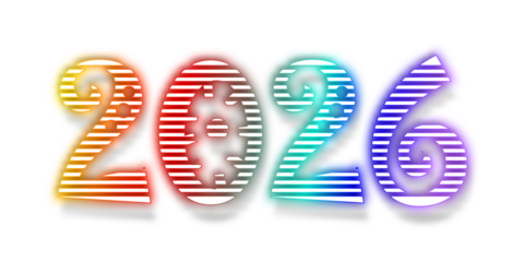 Happy New Year 2026 colorful text graphic. A modern illustration with a retro feel, the numbers 2026 with a vibrant gradient texture. A bold greeting element isolated on a transparent background. PNG