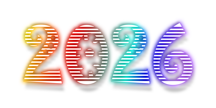 Happy New Year 2026 colorful text graphic. A modern illustration with a retro feel, the numbers 2026 with a vibrant gradient texture. A bold greeting element isolated on a transparent background. PNG