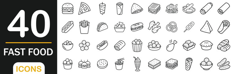 Set of 40 fast food line icons including burger, pizza, fries, hot dog, sandwich, soda, chicken, donut, taco, and more. Perfect for restaurant and menu designs.