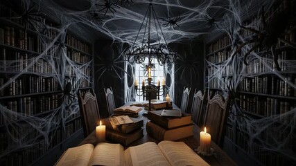 The mysterious interior of an old library, decorated for Halloween with cobwebs and spiders. - Powered by Adobe
