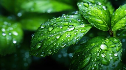 A captivating close-up of fresh green mint leaves adorned with dew drops, showcasing nature's beauty and vibrancy, symbolizing freshness and nourishment.
