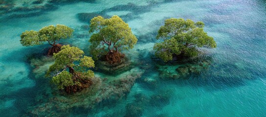 Lush green trees on a coral reef.  Crystal-clear turquoise water