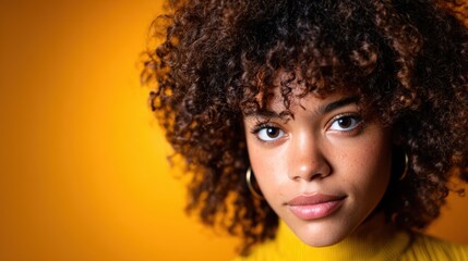 A close-up portrait of a young woman with beautiful curly hair against a vibrant yellow background, deeply engaging viewers with her captivating eyes and natural charm.