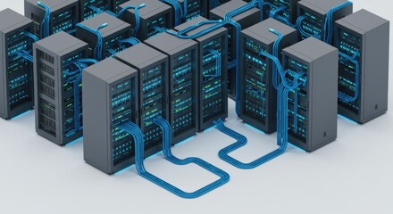 Isometric Data Center Servers with Blue Cables, Digital Network Connection.