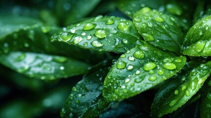 Dew-kissed green leaves glisten under gentle light, capturing the essence of nature's refreshing beauty and the intimate connection we share with the environment.