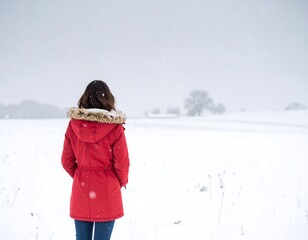 Woman in red coat on snowy field
