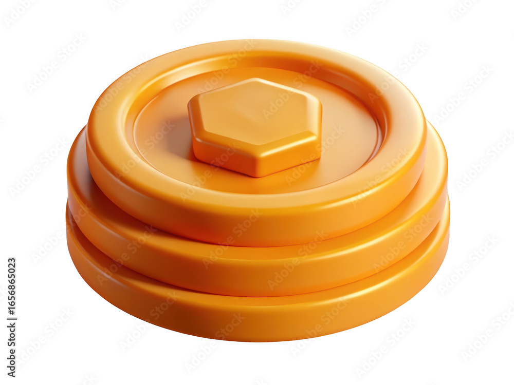 Poster Stack of orange coins with hexagonal shape 3d rendering shiny payment currency digital money reward points financial assets 3d rendering plastic style icon on transparent background