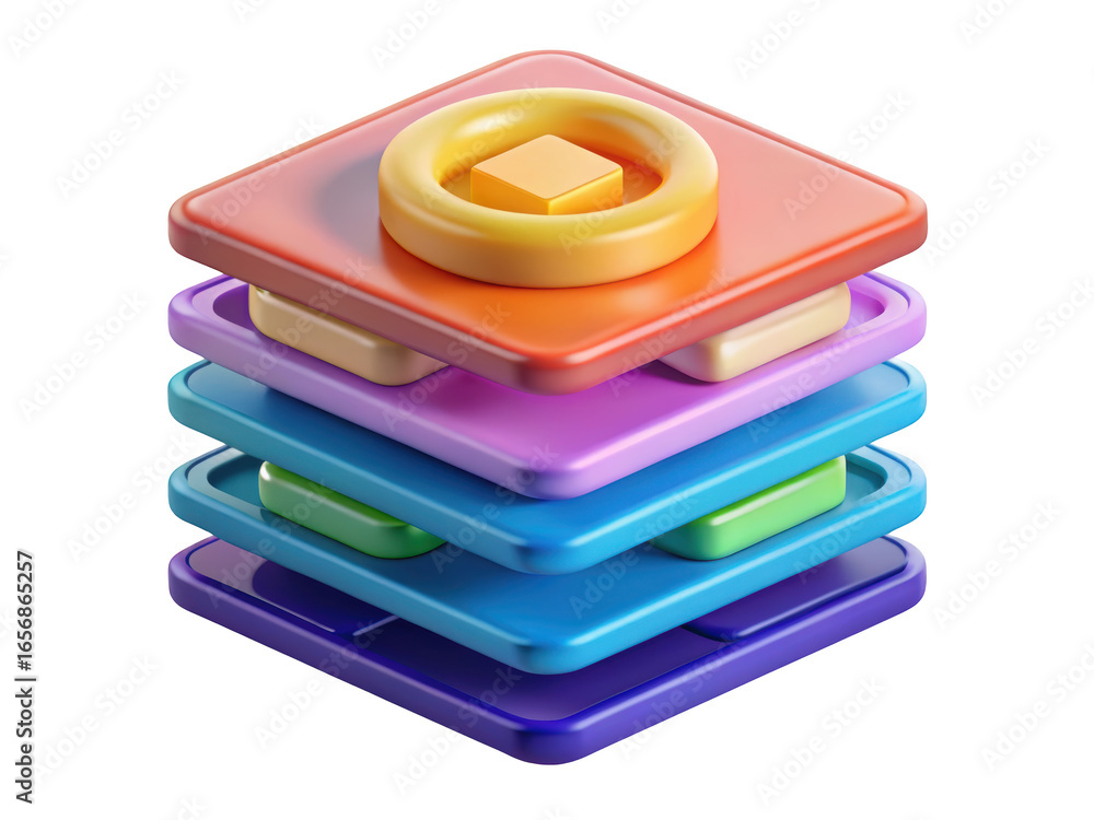 Poster stacked layers with central ring and cube abstract illustration 3d rendering plastic style icon on t