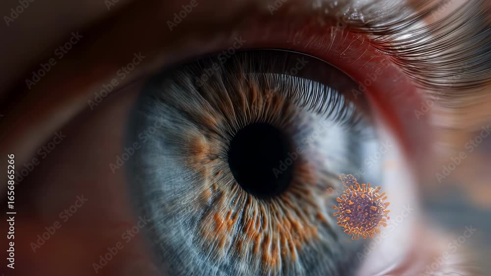 Poster focused eye with visible viral specks transitioning softly into a hazy outoffocus brain mri dotted w
