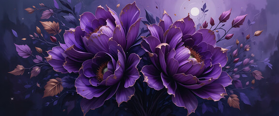 Abstract florals in deep royal purple and violet, contrasted with metallic gold-leaf accents on petal edges, thick oil impasto textures with palette-knife ridges, dark midnight background fading into 