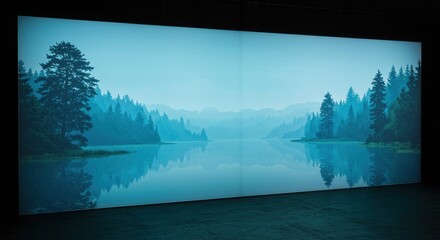 Mistladen lake with pine trees reflecting on the still water