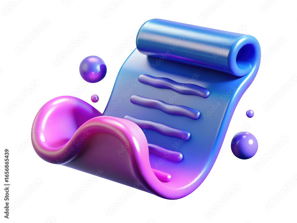 Poster stylized 3d rendered document icon rolled with list lines floating spheres 3d rendering plastic styl