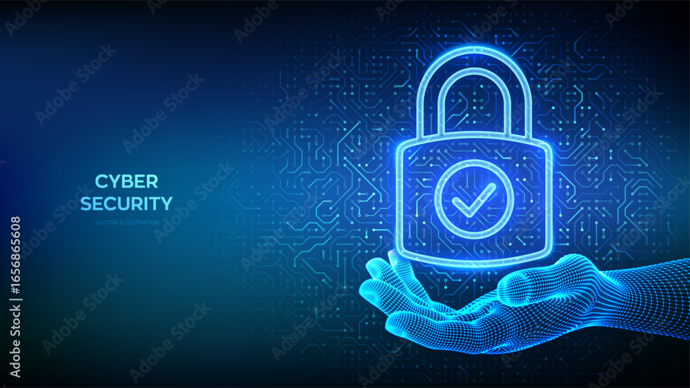 Poster padlock icon. cybersecurity. data protection. padlock with check mark icon in wireframe hand. networ
