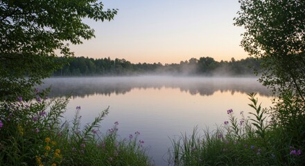 Obraz premium Misty lake at dawn framed by foliage and wildflowers