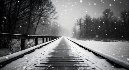 Snow falling on a wooden walkway over railway tracks in a winter landscape