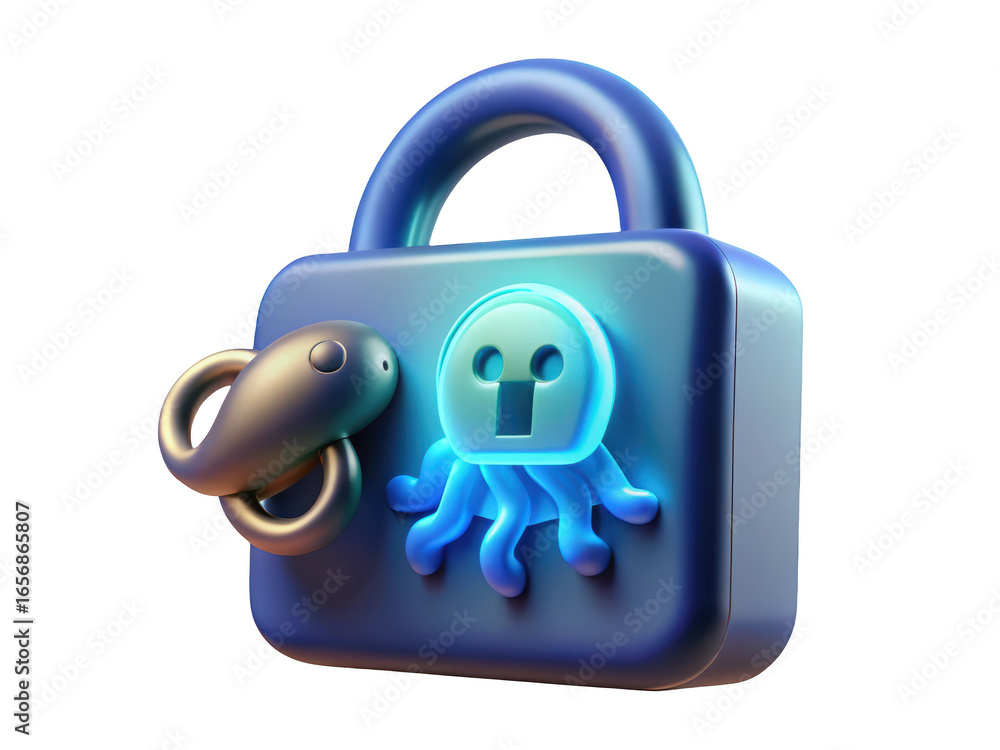 Poster stylized security padlock with octopus theme and golden shackle 3d rendering plastic style icon on t