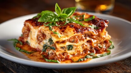 A mouthwatering slice of lasagna is elegantly presented on a plate, topped with fresh basil, showcasing culinary richness and inviting flavors perfect for dinner.