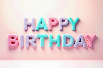 3D pastel-colored furry letters spelling out Happy Birthday on a light pink backdrop, celebrating a birthday.